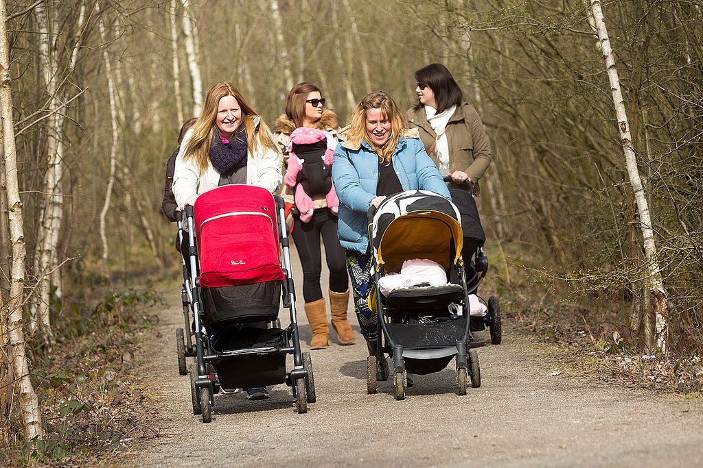 Mums walking with buggies at Shorne Woods Country Park