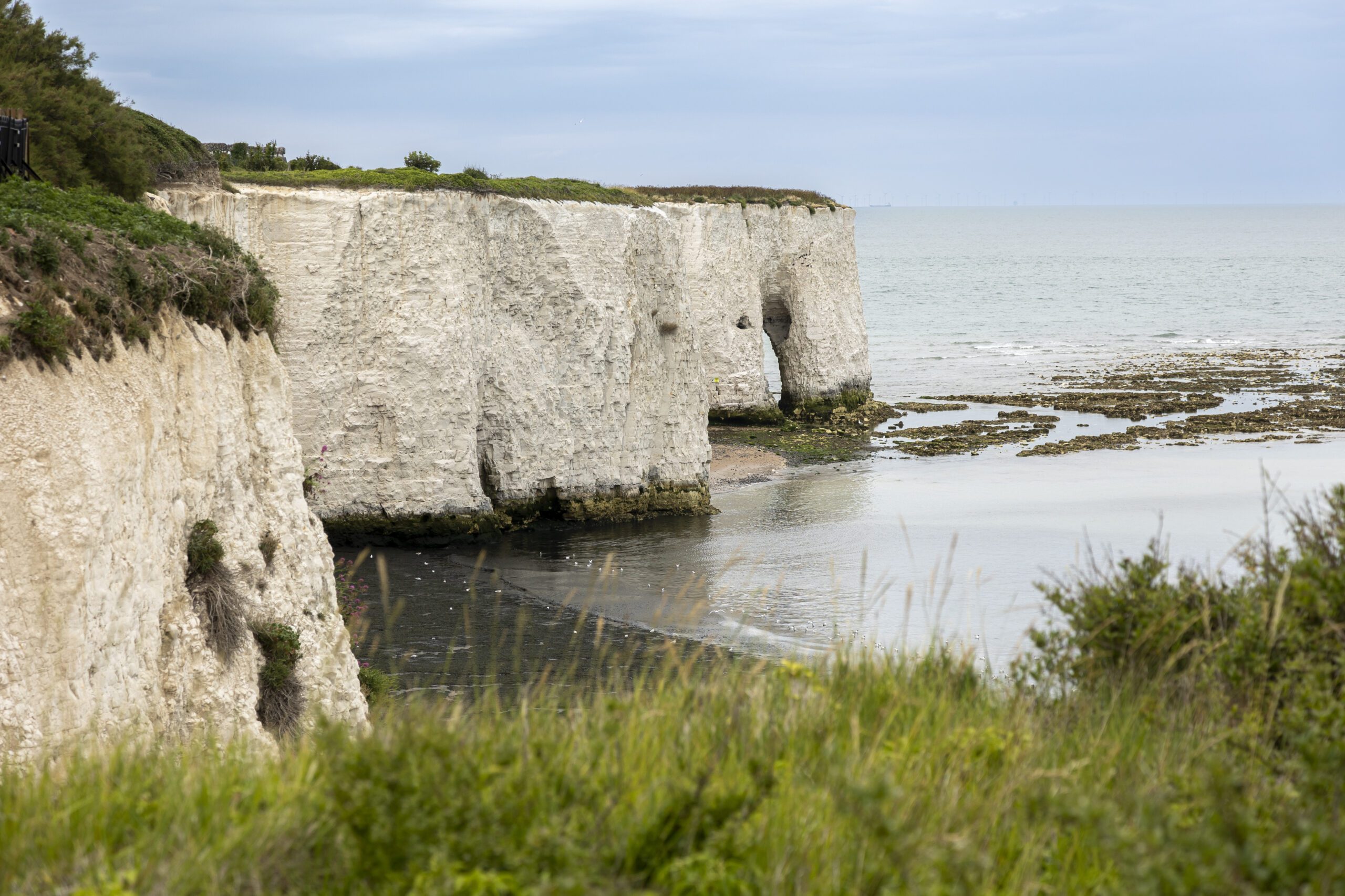 View of the chalk arch in the cliffs at Kingsgate Bay.