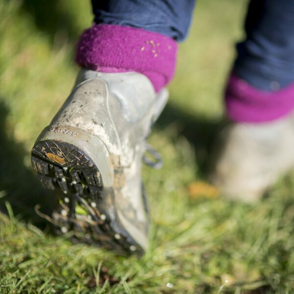 A close up of walking boots on grass.