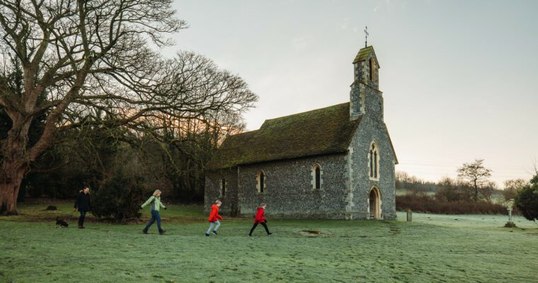 Great Stour Way Walk, Family walking in front of church