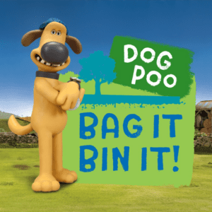 Shaun the sheep text, dog poo bag it bin it