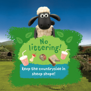 Shaun the Sheep. Text, no littering keep the countryside in sheep shape