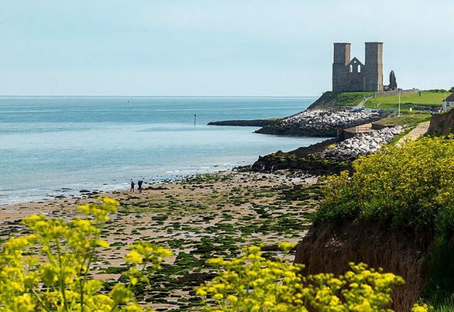 Reculver towers and spring flowers