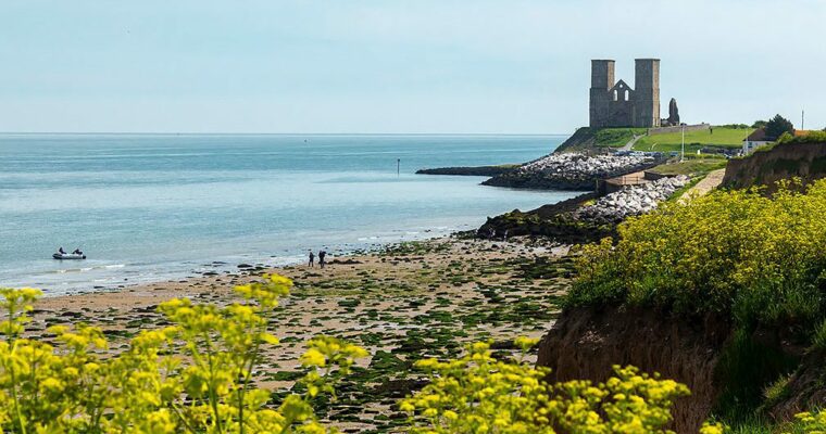 Reculver towers and spring flowers