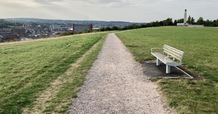 Gravel footpath leading across a green field