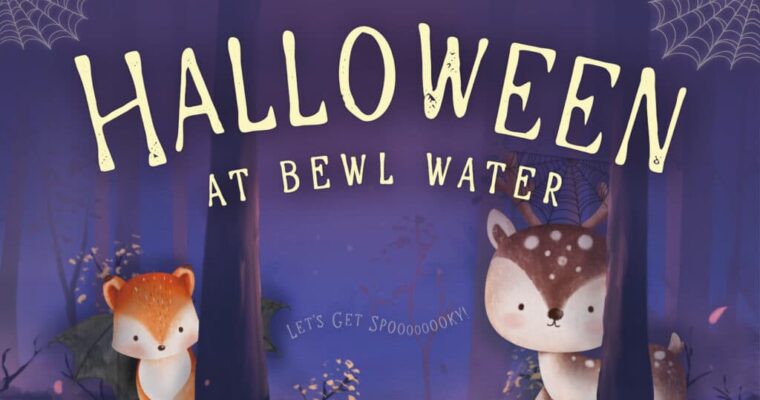 Text: Halloween at Bewl Water. A fox and deer cartoon in woods