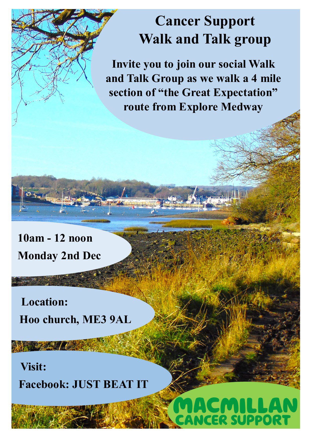 Poster promoting a walk with a stoney beach and river