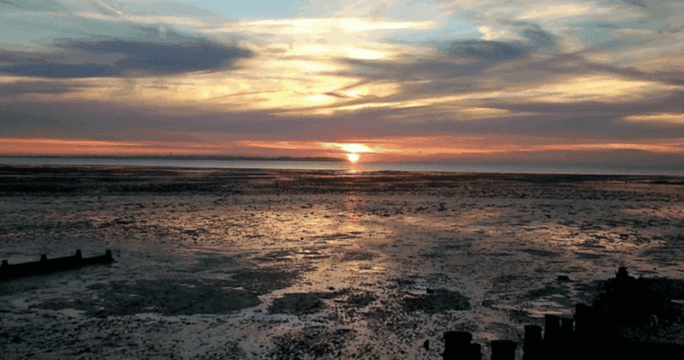 Sunset over muddy shoreline with golden reflections and scattered clouds