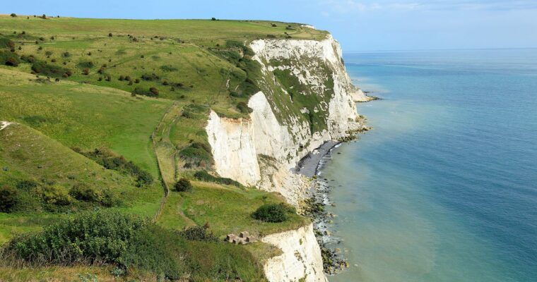 View over the top of the White Cliffs of Dover against the blue Channel