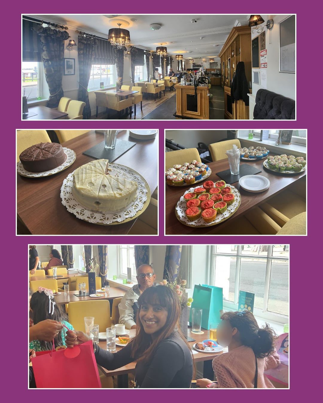 Collage of photos show cakes and people enjoying refreshments at the end of the walk