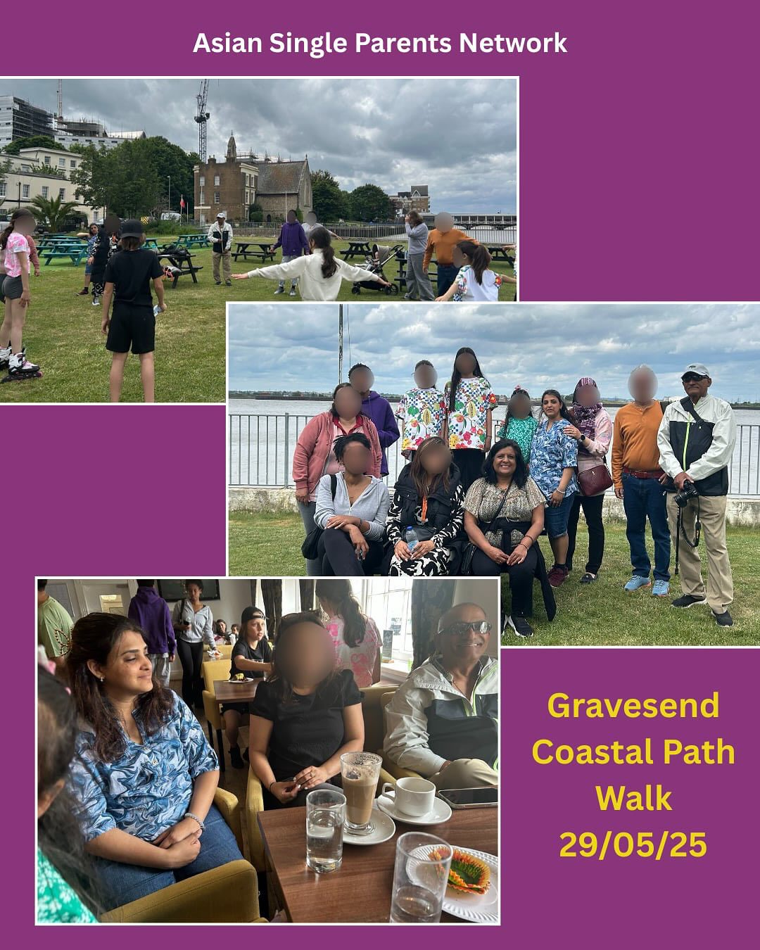 Collage of photos showing people warming up for the walk, standing and smiling at the camera and enjoying refreshments at the end.