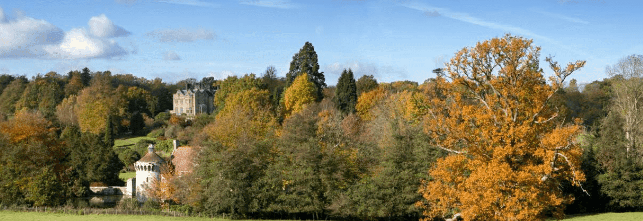 Scotney castle overlooking autumn trees