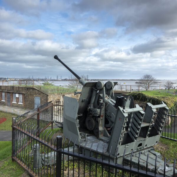 Artillery inside a fence at New Tavern Fort in Gravesend overlooking the River Thames