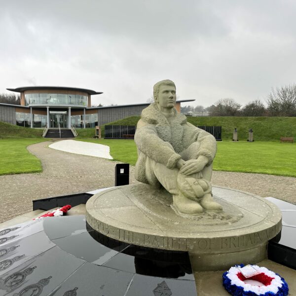 Statue of a man outside the Battle of Britain Memorial in Folkestone.
