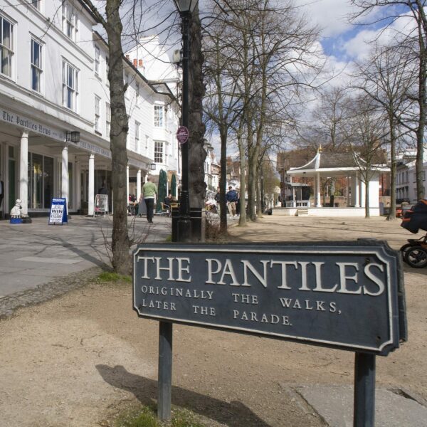 A woman walking down a tiled and tree-lined street next to a row of shops. There is a sign for The Pantiles.