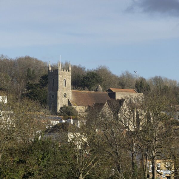 A church on a hill surrounded by houses and trees.