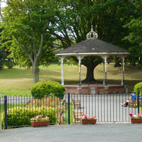 Hard-surfaced paths leading to a bandstand surrounded by trees, Ellington Park Ramsgate
