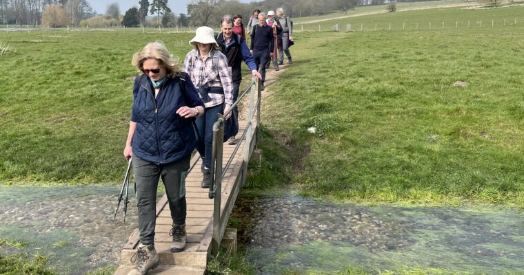 Group of walkers crossing a narrow wooden bridge over a small stream