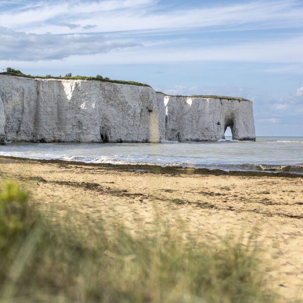 View of the chalk arch in the cliffs at Kingsgate Bay.