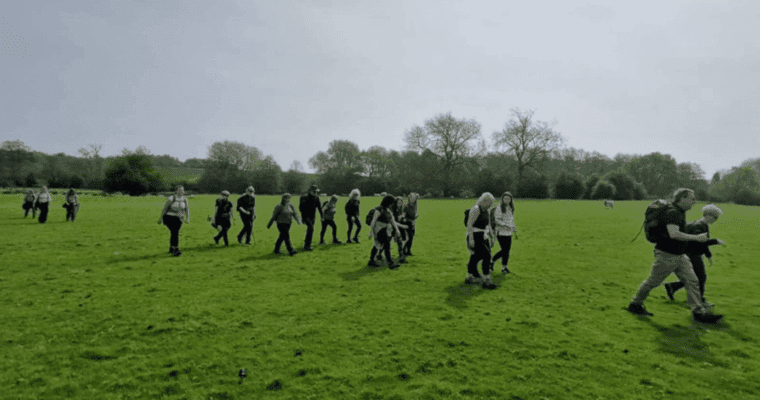 A group of walkers in a group crossing a field with trees in the distance