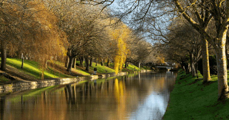 A calm canal lined with bare and golden‑leafed trees reflects the sky and branches in still water. A paved path with benches runs alongside the canal, with a few people walking in the distance and a small bridge visible further ahead.