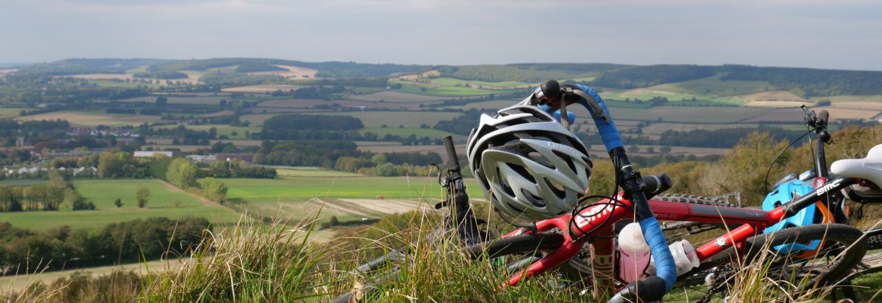 Image of bike overlooking view of the Kent countryside.
