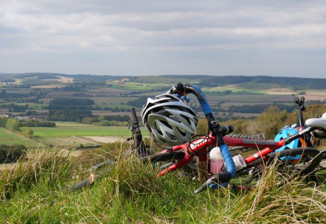 Image of bike overlooking view of the Kent countryside.