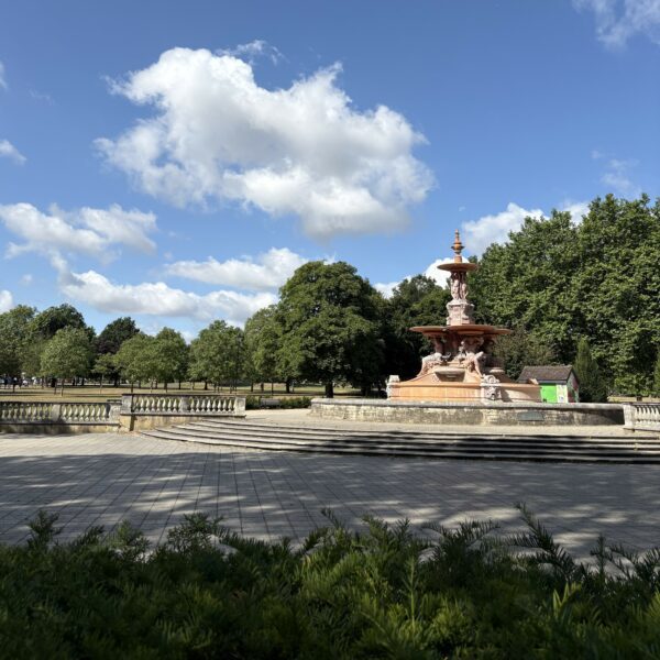 A fountain in a park surrounded by trees, Victoria Park, Ashford.