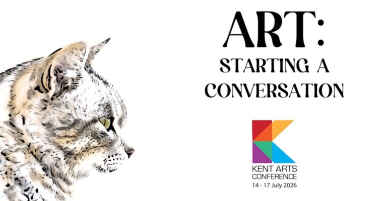 Artistic Cat and Dog looking at each other with text saying Art: Starting a conversation