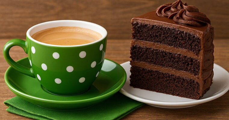 Green tea cup with a chocolate cake