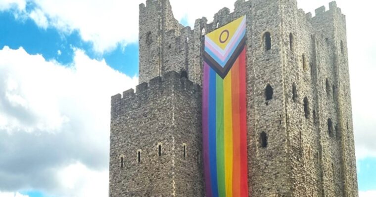 Medway Pride Flag draped over Rochester Castle
