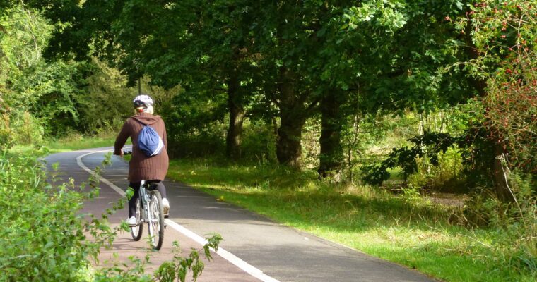 Person cycling on cycle lane, surrounded by green trees and grass