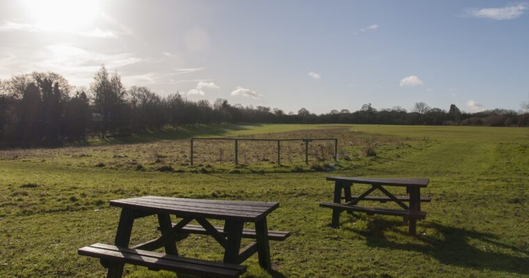 Picnic benches in open sunny field