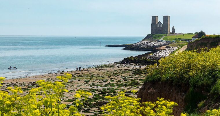 Reculver towers and spring flowers