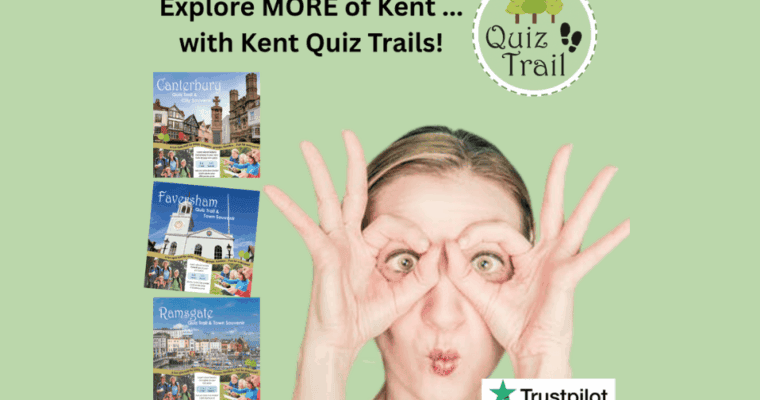woman posing beside three quiz trail booklets